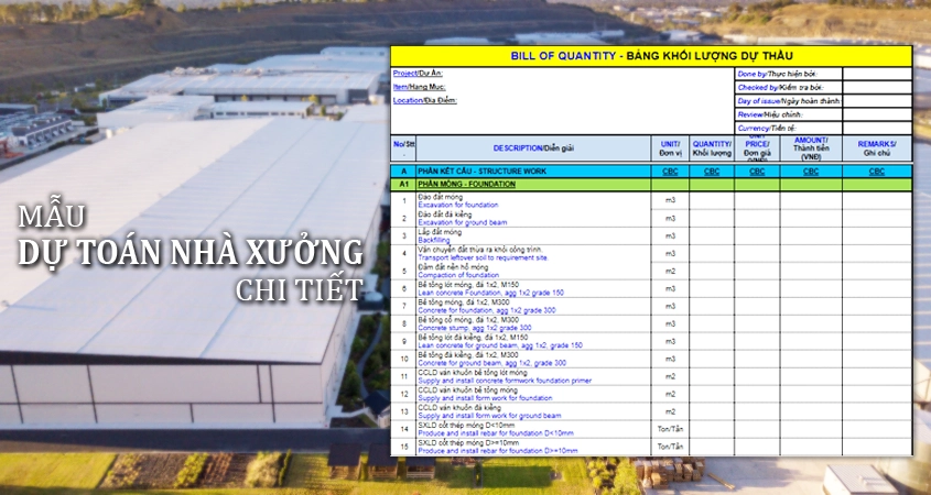 Mẫu dự toán xây dựng nhà xưởng chi tiết